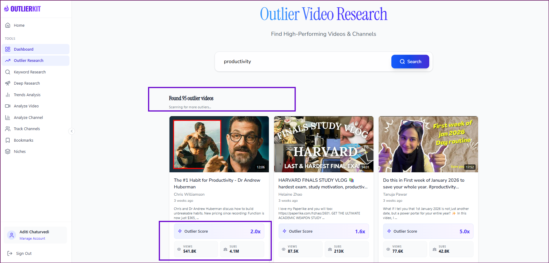 OutlierKit outlier research results showing overperforming YouTube videos ranked by multiplier
