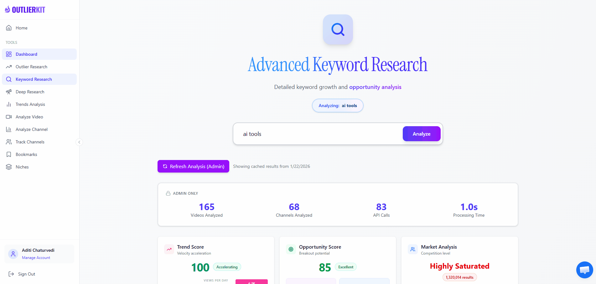 OutlierKit Advanced Keyword Research showing opportunity scores, channel size distribution, and median views