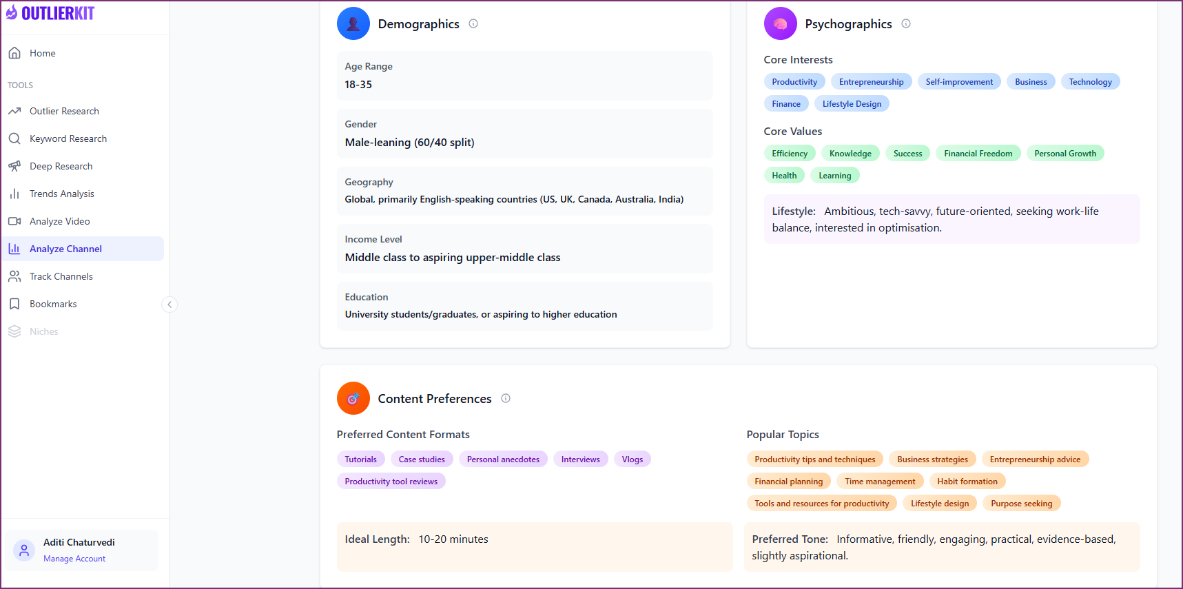 OutlierKit Competitor Studio dashboard with full niche analysis used in automated client onboarding workflows