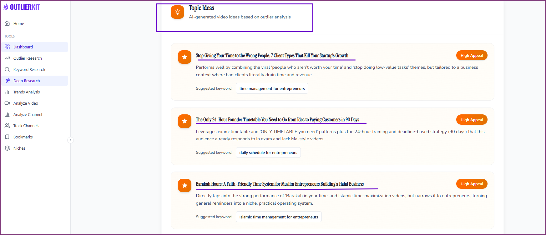 OutlierKit Deep Research generating video ideas and angles backed by real performance data