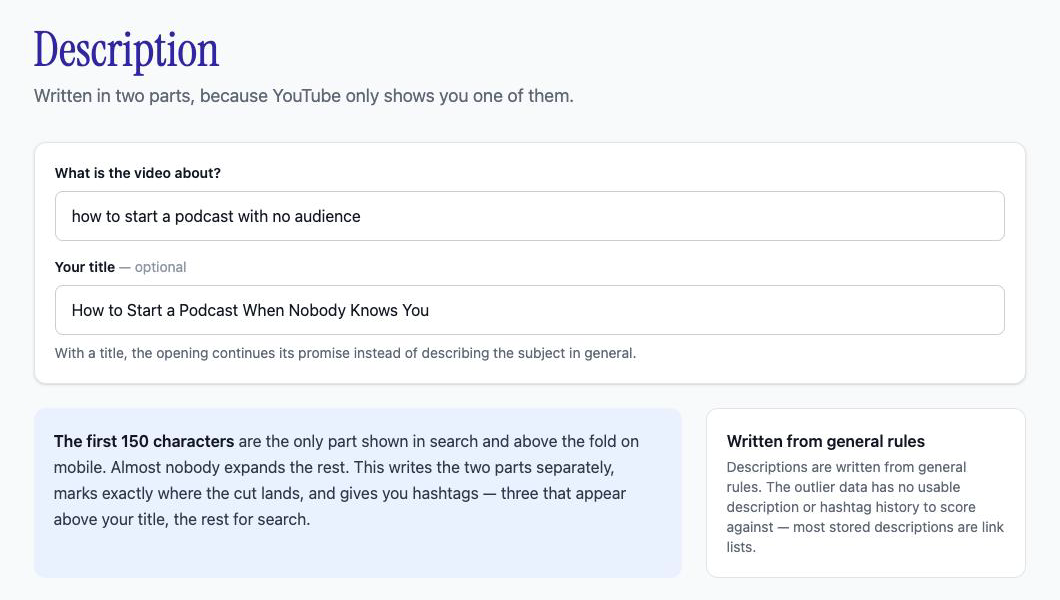 OutlierKit description generator input. The topic reads 'how to start a podcast with no audience' and the optional title reads 'How to Start a Podcast When Nobody Knows You'.