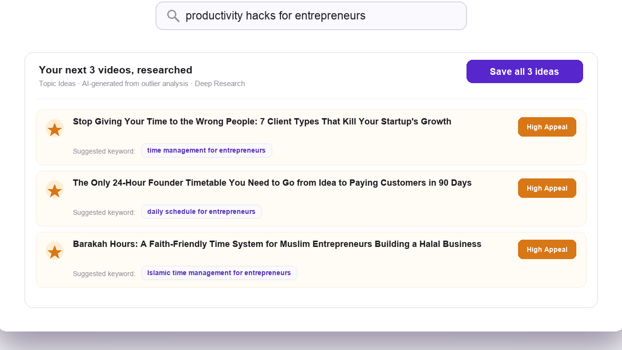 OutlierKit Deep Research generating video ideas and angles backed by real performance data