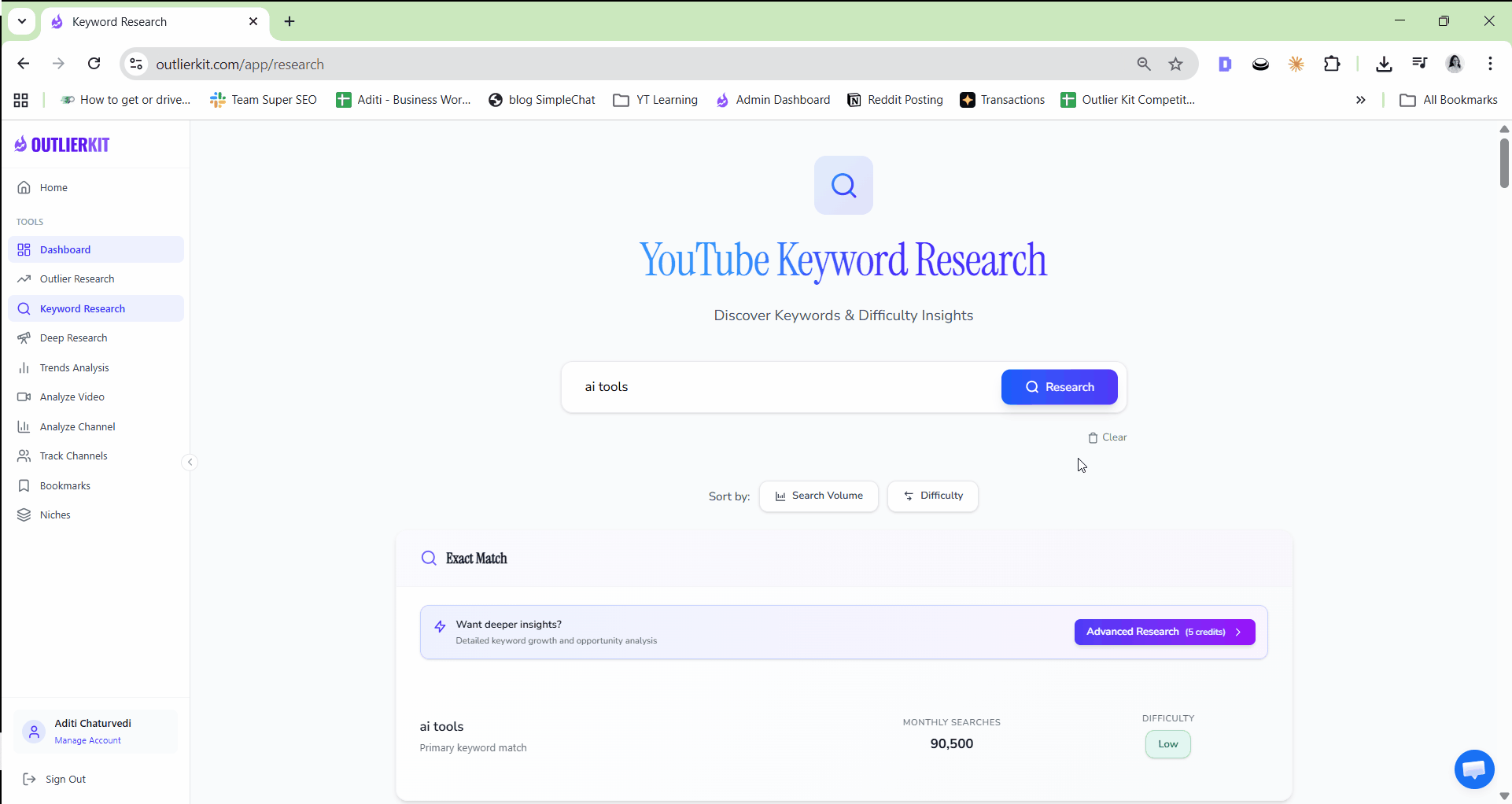 OutlierKit Keyword Research showing YouTube keyword analysis with search volume and competition data