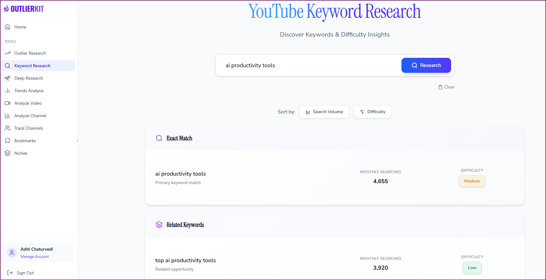 OutlierKit keyword research showing low-competition, high-volume YouTube keywords with RPM indicators