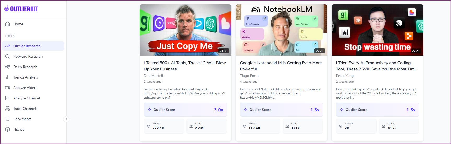 OutlierKit Outlier Finder showing 5-10x outlier videos in a niche with outlier scores
