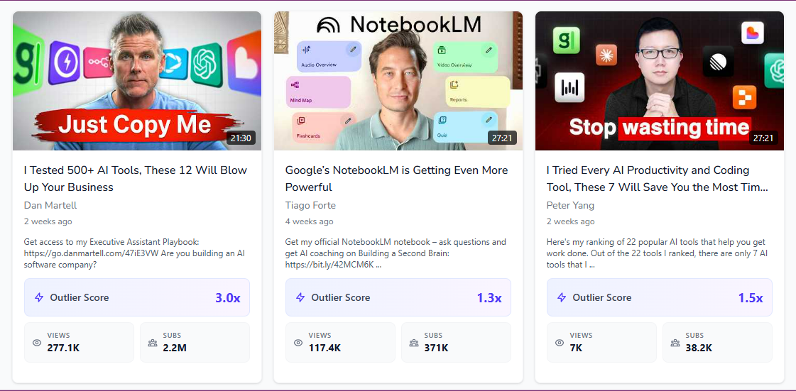 OutlierKit Outlier Research surfacing videos that beat their channel average by 3x to 10x