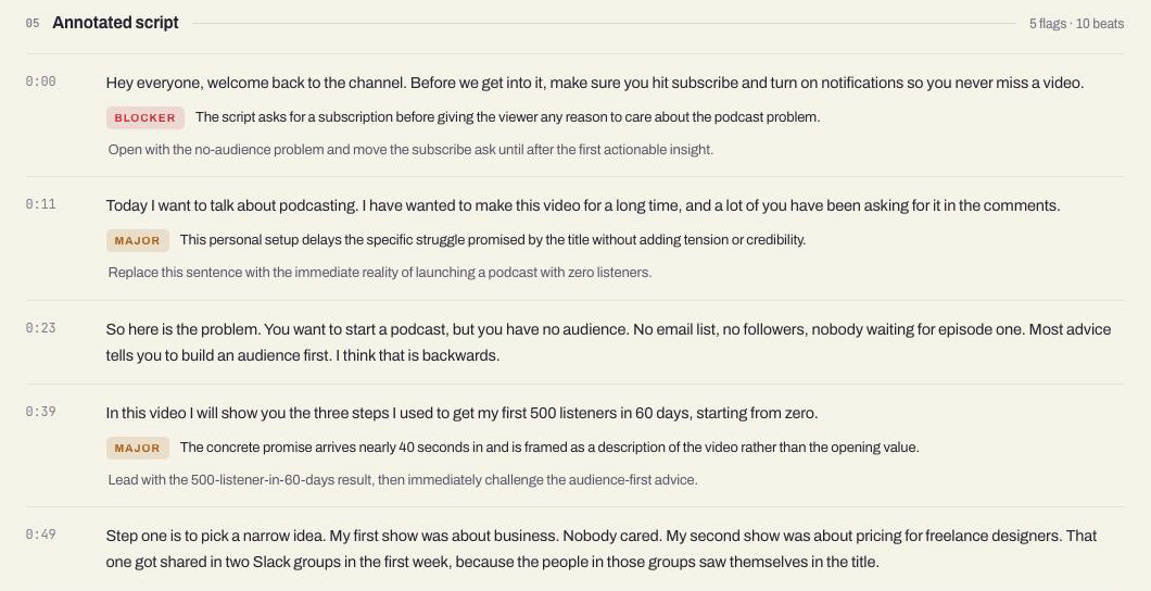 The annotated script in the app, with timestamps. A blocker and two major flags sit under the opening lines, each with a suggested fix.