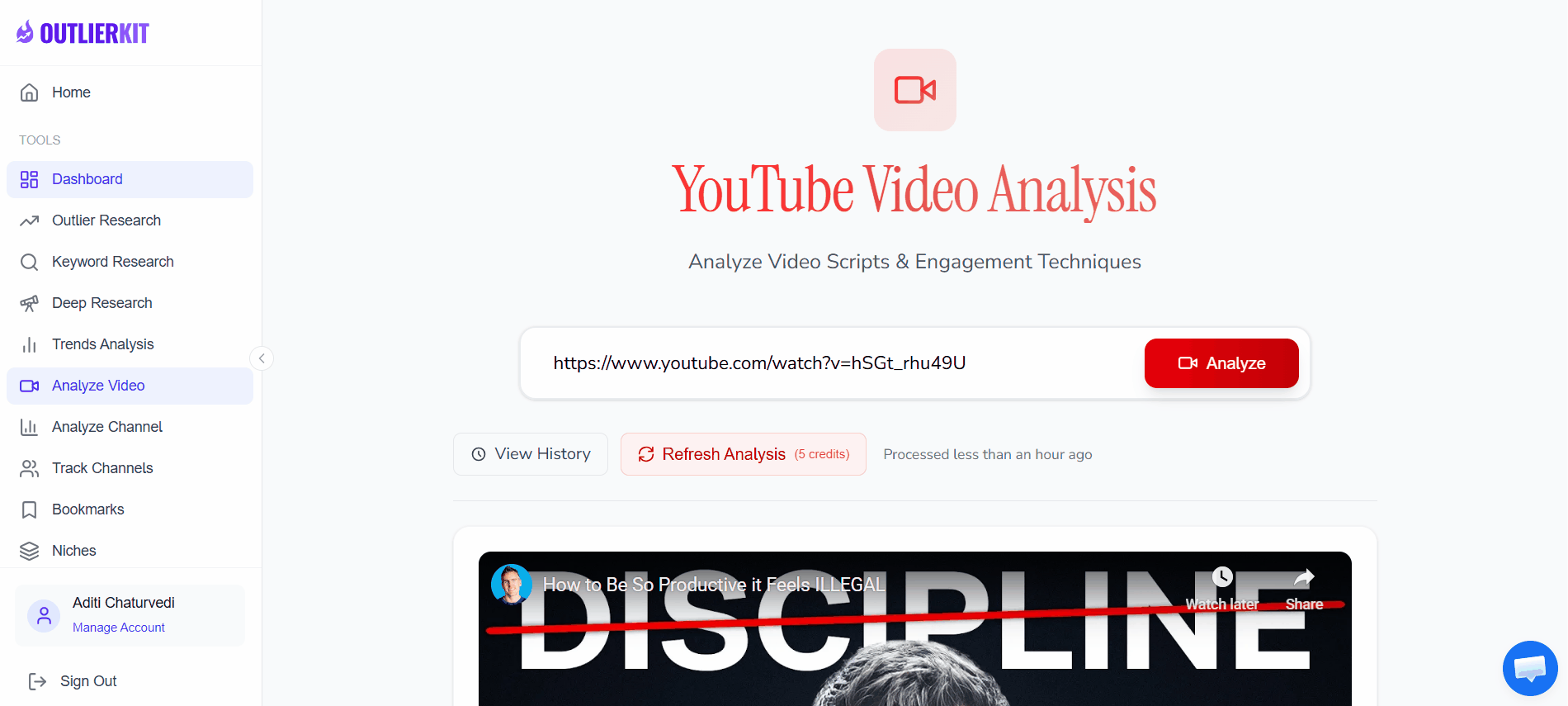 OutlierKit Video Analyzer: Paste a YouTube video URL and get instant AI-powered content analysis with script scores, keyword rankings, and engagement metrics