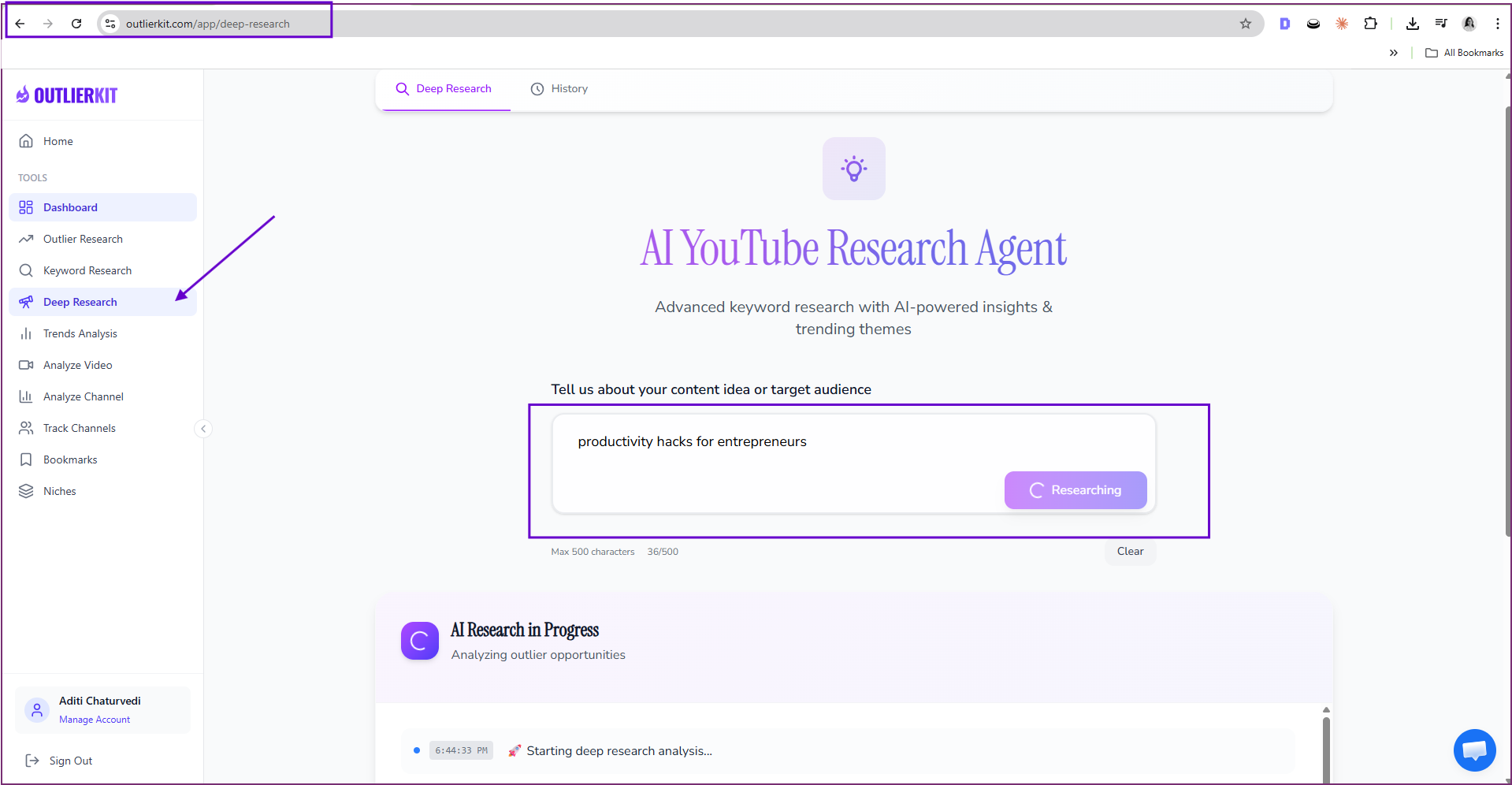 Deep Research input area for entering content ideas