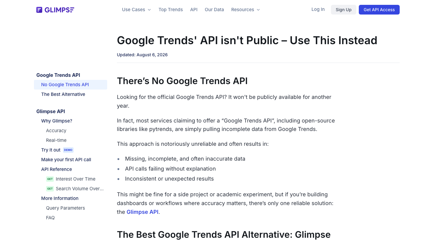 Glimpse API dashboard screenshot