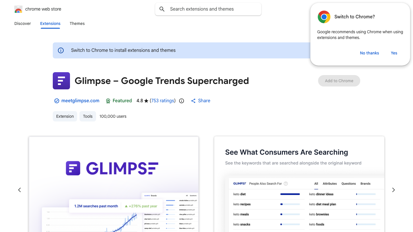 Glimpse Chrome Extension dashboard screenshot