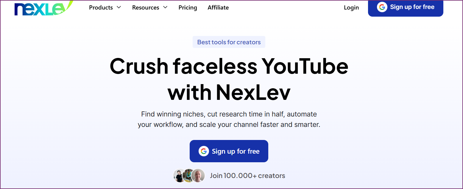NexLev niche scraper interface for faceless YouTube channels