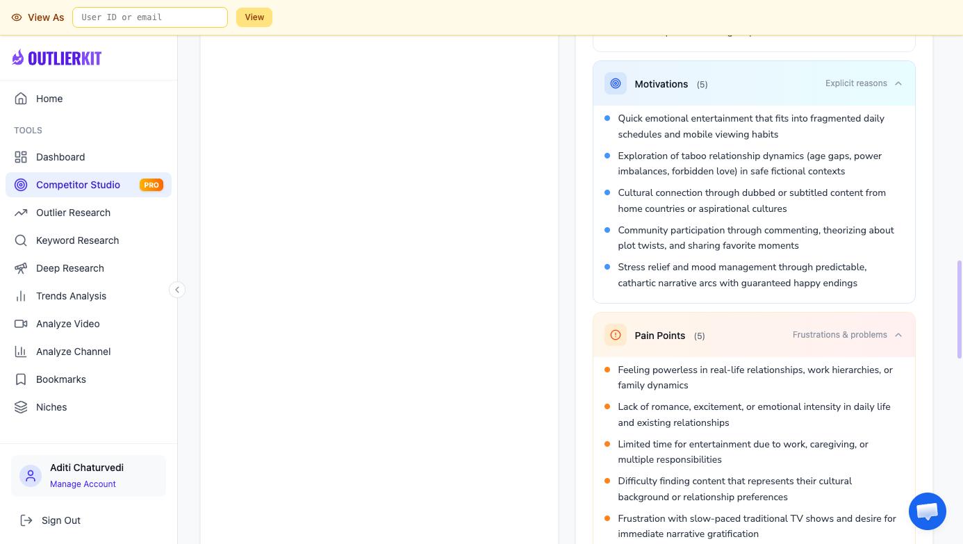 Competitor Studio audience motivations and pain points output for ReelShort