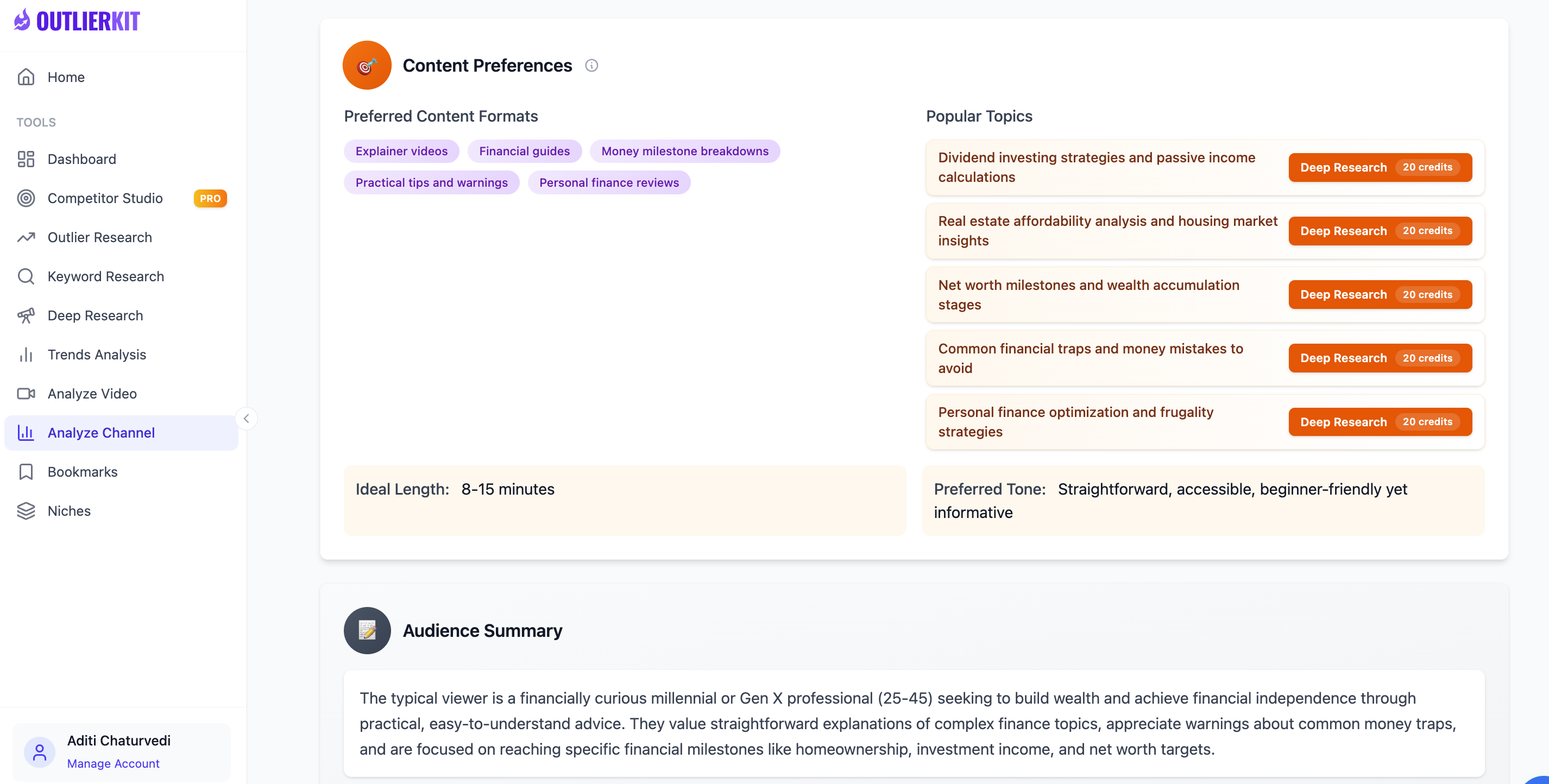 OutlierKit Content Preferences for Humphrey Yang showing preferred formats explainer videos and financial guides, popular topics including dividend investing and net worth milestones, ideal length 8-15 minutes, and beginner-friendly tone
