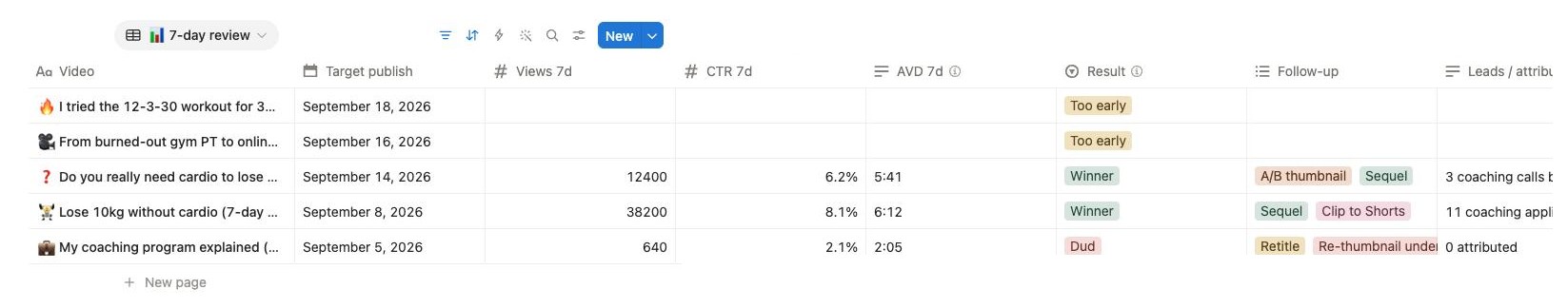 Notion 7-day review table screenshot with columns for video, target publish, views at day 7, click-through rate, average view duration, result, follow-up and leads. Rows are marked Winner, Dud or Too early.