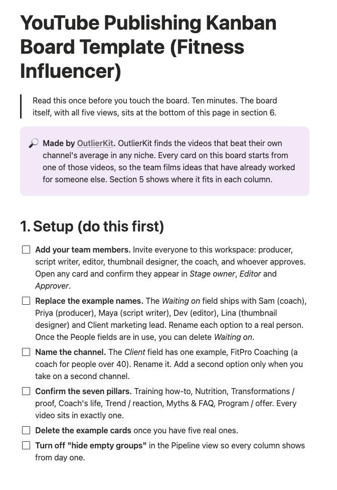 Notion guide page screenshot. The page title is YouTube Publishing Kanban Board Template. A setup checklist asks the team to add team members, replace the example names, name the channel, confirm the seven pillars and delete the example cards.
