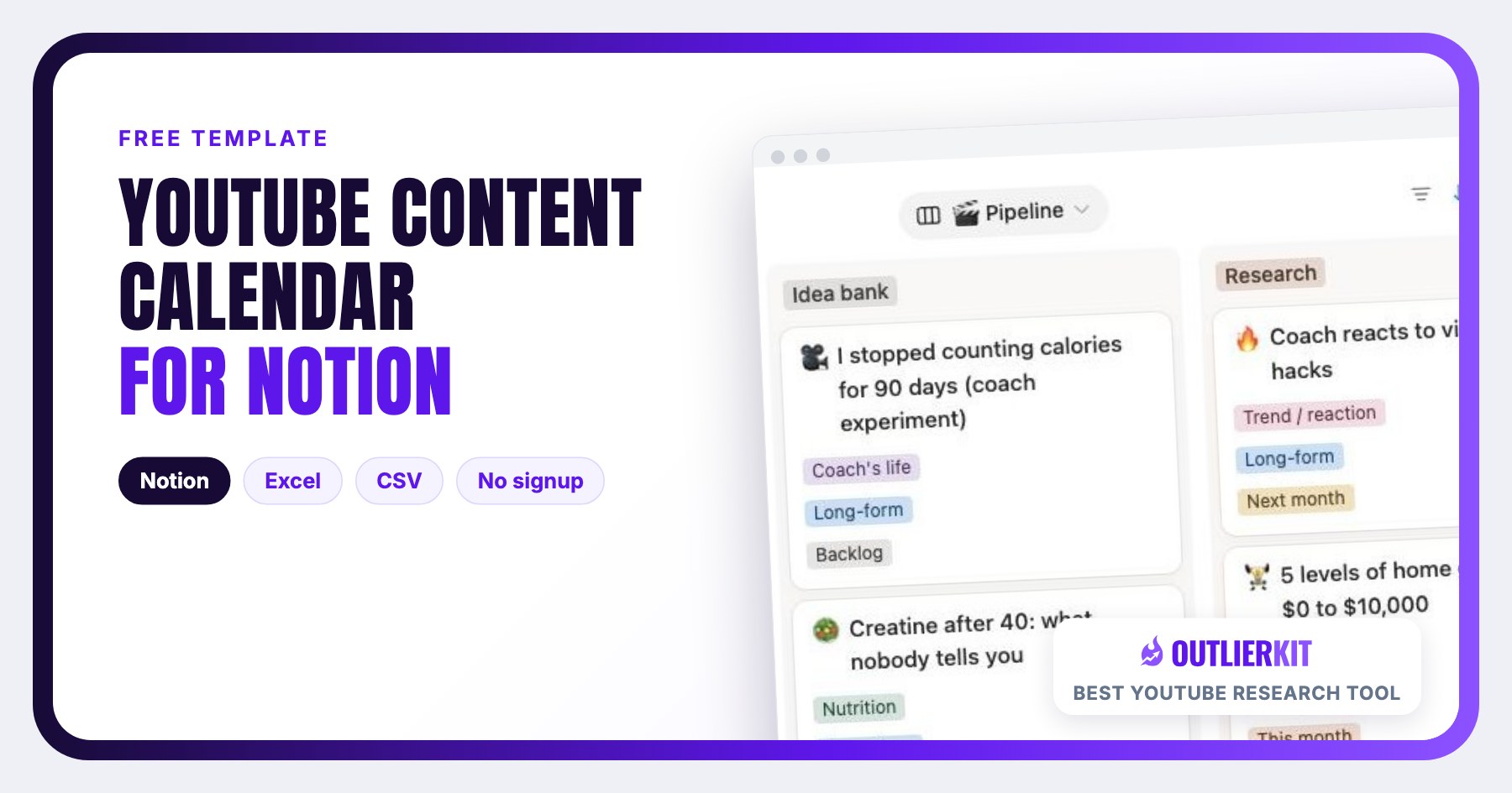 YouTube Content Calendar for Notion cover with a screenshot of the Notion board, showing the Idea bank and Research columns